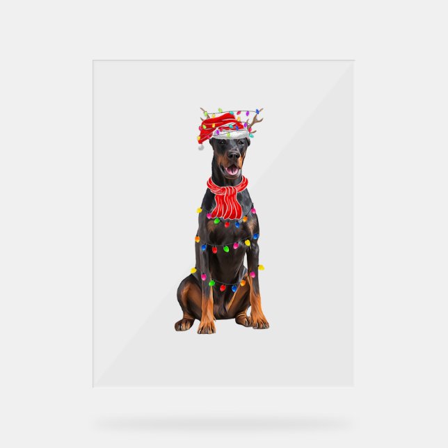 Señal Acrílica Cute Doberman Árbol de Navidad Ilumina Perro Lover (Anverso)
