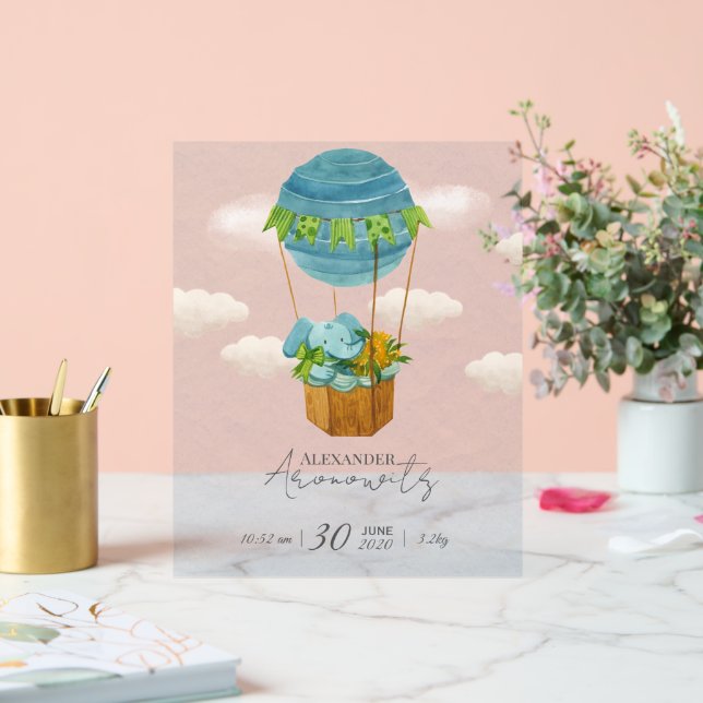 Señal Acrílica Cute Elephant Hot Air Balloon Baby Birth Announcem (Boda)