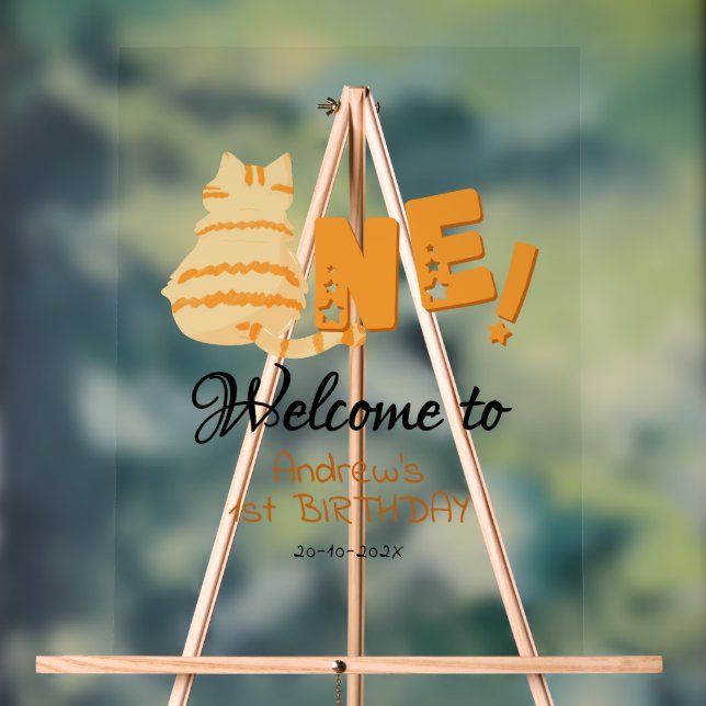 Señal Acrílica Cute Fat Orange Cat 1st Birthday Welcome (Neutral )