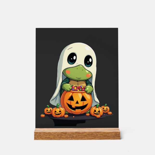 Señal Acrílica Cute Halloween Turtle Ghost with Candy (5) (Anverso)