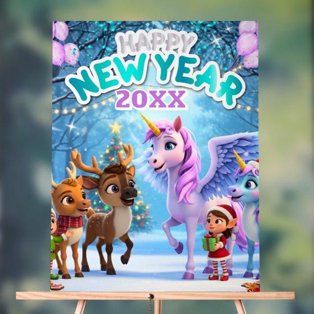 Señal Acrílica Cute Unicorn & Reindeer New Year Party for Kids (Neutral )