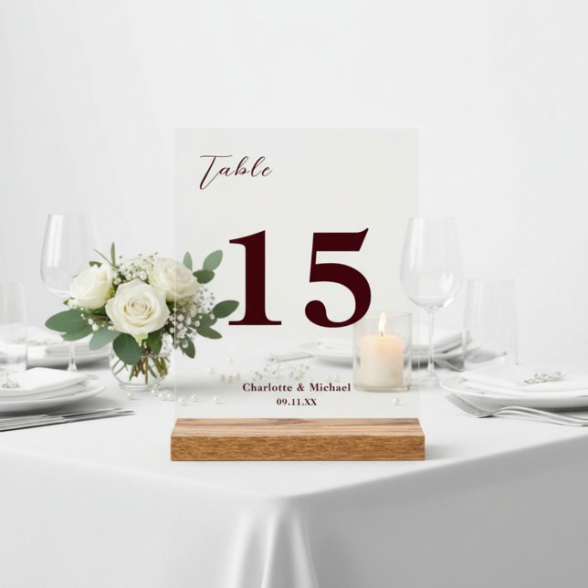 Señal Acrílica Deep Burgundy Minimalist Wedding Table Number (Subido por el creador)