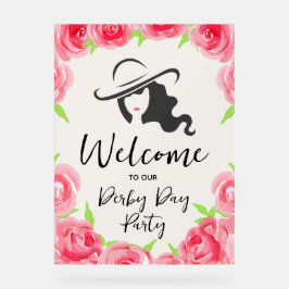 Señal Acrílica Derby Hat Lady Silhouette and Roses Welcome