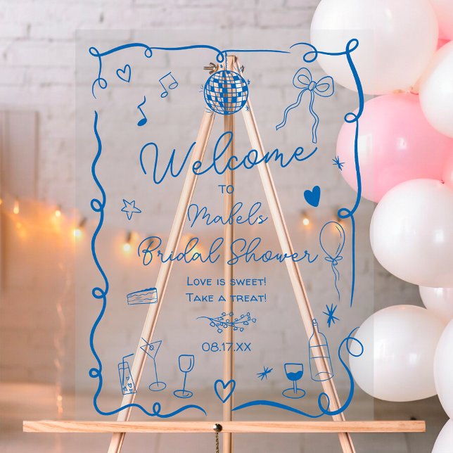 Señal Acrílica Despedida de soltera retro ilustrada con dibujos a (Retro blue hand drawn illustrated bridal shower acrylic sign)