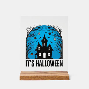 Señal Acrílica Día de Brujas Casa Embrujada Luna Grabado Vintage