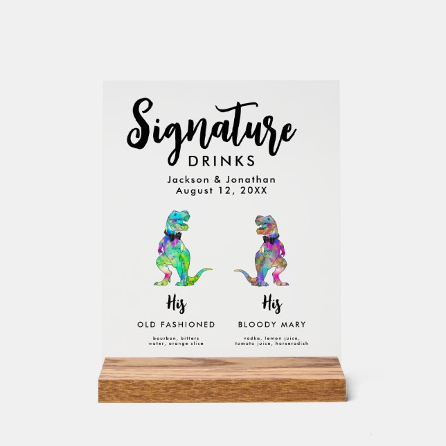 Señal Acrílica Dinosaur 2 Grooms Gay Wedding Signature Drinks (Anverso)