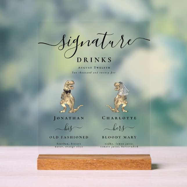 Señal Acrílica Dinosaur Bride and Groom Signature Drinks Wedding (Neutral )