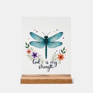 Señal Acrílica Dios es mi fuerza Floral Libélula Camiseta Cristia