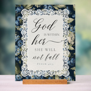 Señal Acrílica Dios Está Dentro De Ella Salmo 46:5   Floral Azul 