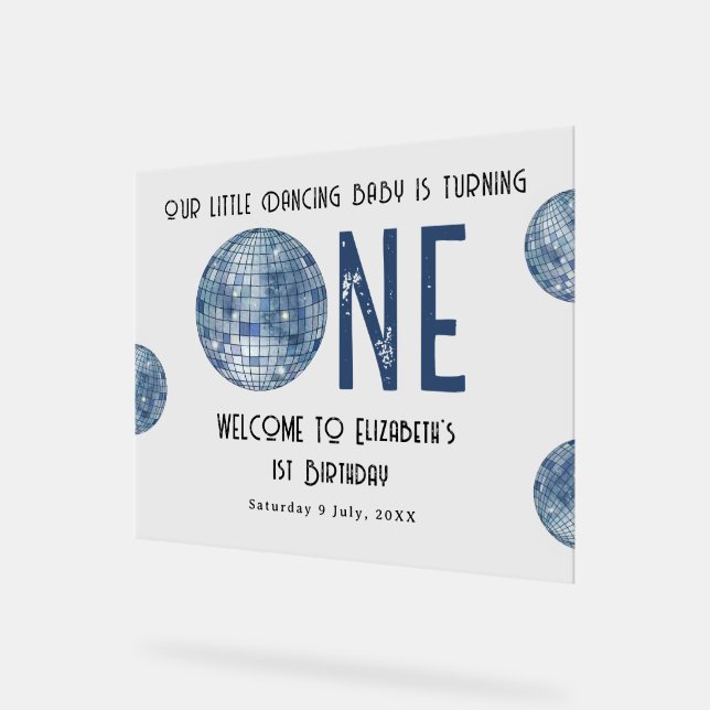 Señal Acrílica Disco Ball First Year 1st Birthday Party (Ángulo)