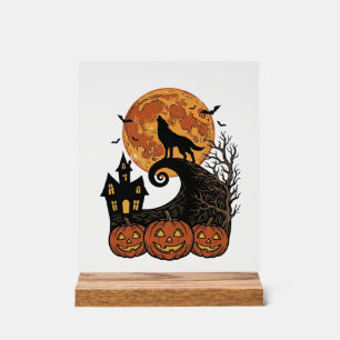 Señal Acrílica Diseño de camiseta de calabaza de luna de lobo de