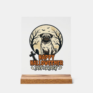 Señal Acrílica Diseño de grabado vintage de Pug Halloween Truco o