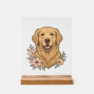 Señal Acrílica Diseño de grabado vintage floral de Golden Retriev