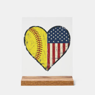 Señal Acrílica Diseño vectorial vintage corazón softball patrióti