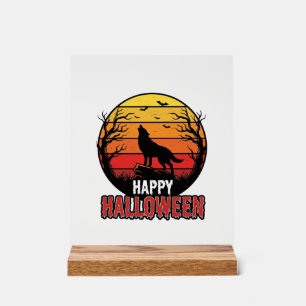 Señal Acrílica Diseño vectorial vintage de lobo aullador feliz Ha