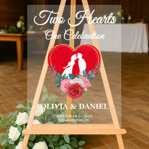 Señal Acrílica Dos corazones, una celebración Boda bienvenida