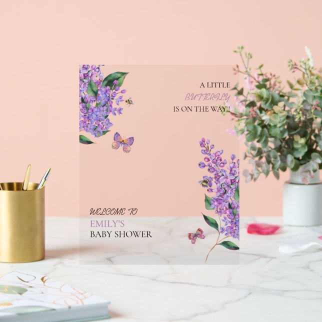 Señal Acrílica Ducha de bebé de mariposa morada floral (Boda)