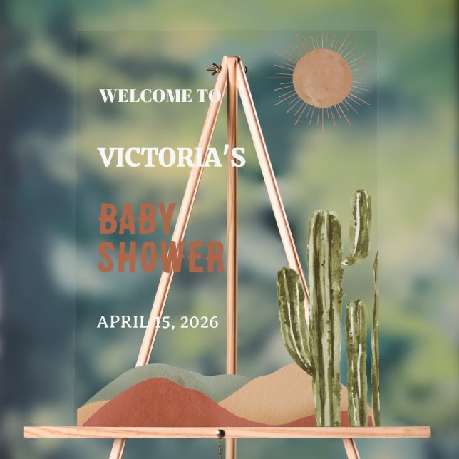 Señal Acrílica Ducha de Bebé del Desierto Cactus Boho Oeste de Ar (Neutral )