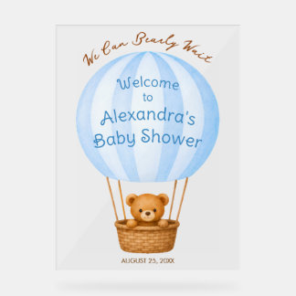 Señal Acrílica Ducha de bebé niño con osito de peluche en globo a