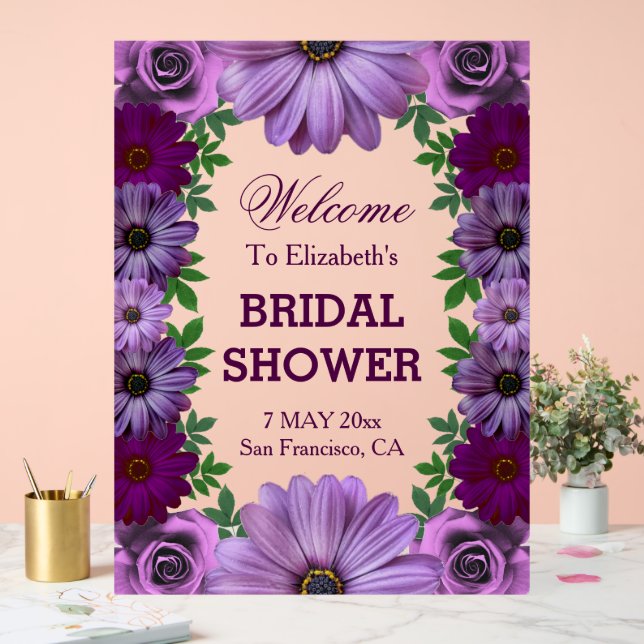 Señal Acrílica Ducha nupcial Regal Purple Floral (Boda)