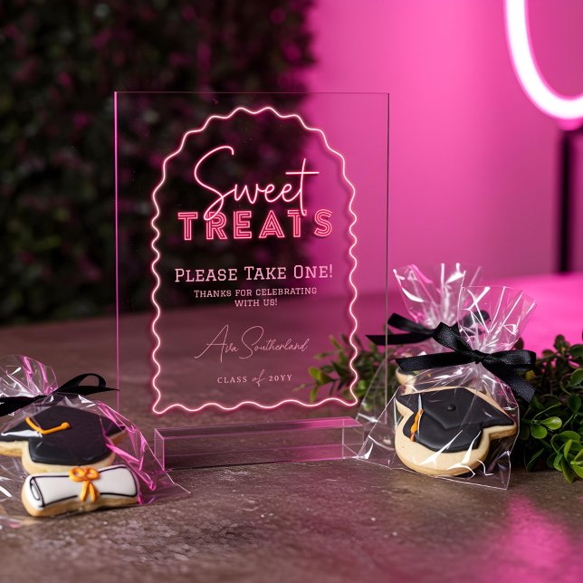 Señal Acrílica Dulce tratamientos Arco ondulado Fiesta de Graduac (Sweet Treats Wavy Arch Pink Neon Graduation Party Acrylic Sign)
