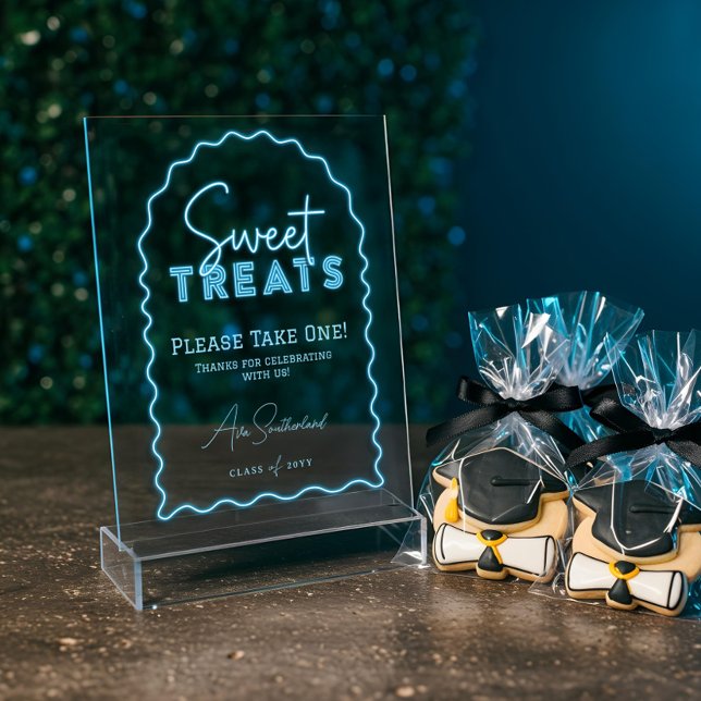 Señal Acrílica Dulce tratamientos Wavy Arch Blue Neon Graduation  (Sweet Treats Wavy Arch Blue Neon Graduation Party Acrylic Sign)