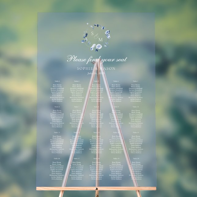 Señal Acrílica Dusty Blue Floral Wedding Seating Chart  (Neutral )
