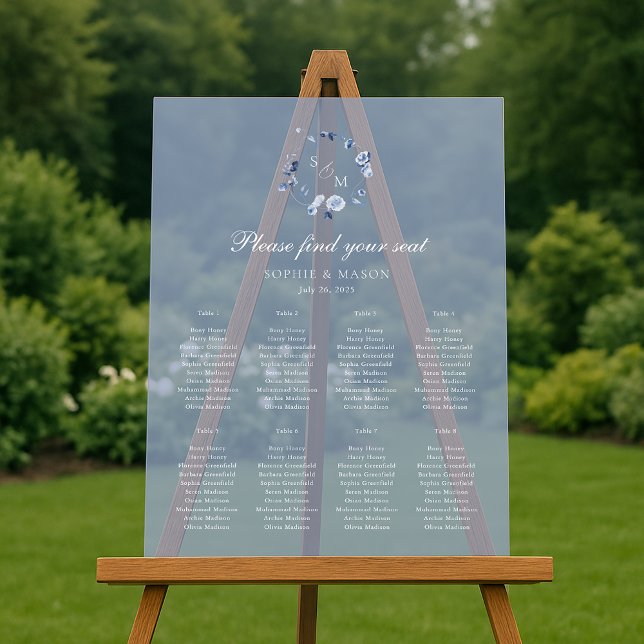 Señal Acrílica Dusty Blue Floral Wedding Seating Chart (Subido por el creador)