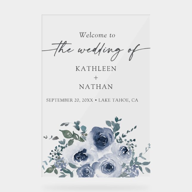 Señal Acrílica Dusty Blue Floral Wedding Welcome  (Anverso)