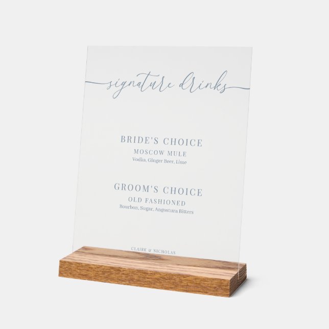 Señal Acrílica Dusty Blue Modern Elegant Wedant Signature Bebidas (Ángulo)