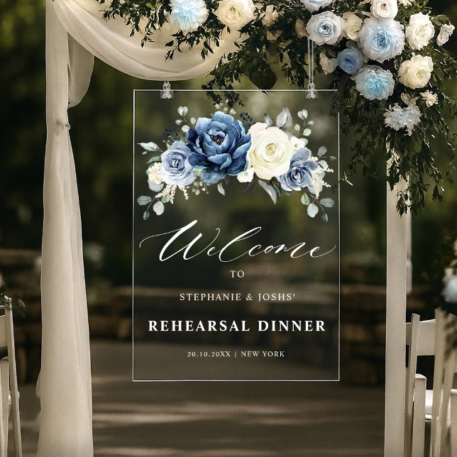 Señal Acrílica Dusty Blue Navy  Ivory Rehearsal Dinner Welcome (Dusty Blue Navy Ivory Floral Rehearsal Dinner Welcome Acrylic Sign)