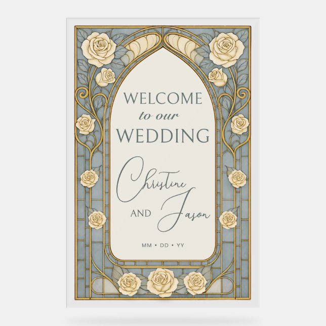Señal Acrílica Dusty Blue Stained Glass Floral Wedding Welcome  (Anverso)