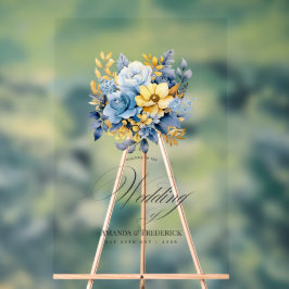Señal Acrílica Dusty Blue y Gold Floral Elegante Boda