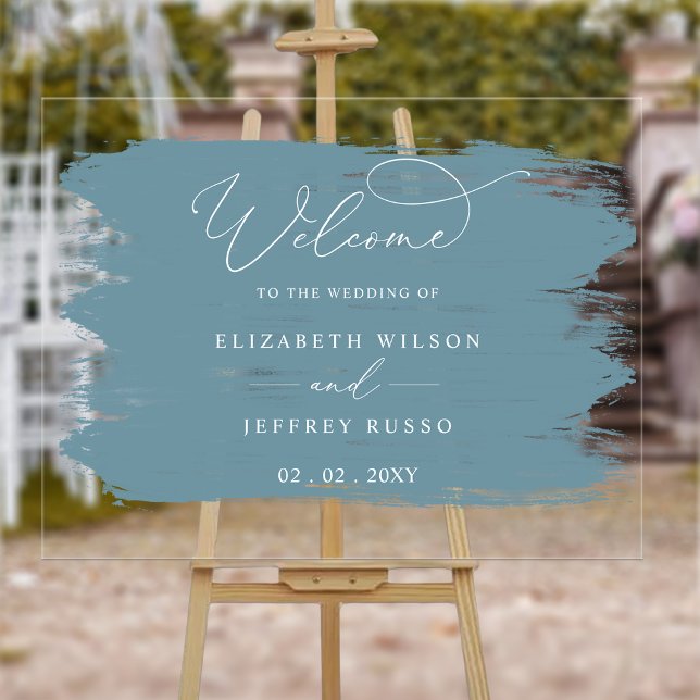 Señal Acrílica Dusty pincel azul sacude a Boda bienvenida (Dusty Blue Brush Strokes Wedding Welcome Acrylic Sign
)