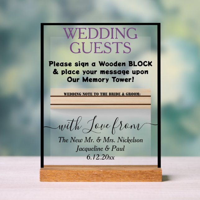 Señal Acrílica Dusty Violet Black Wooed Guest Block Names (Neutral )