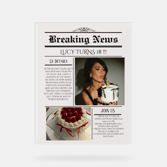 Señal Acrílica Editable Newspaper Birthday Invitation Template  (Anverso)