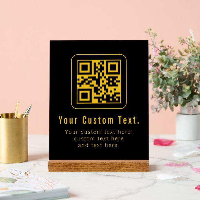 Señal Acrílica Editable QR Code & Text Template | Black & Gold (Boda)