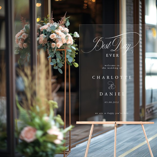 Señal Acrílica ¡EL MEJOR DÍA DE LA HISTORIA! Banner elegante y Bo (BEST DAY EVER! Elegant, Wedding Banner Acrylic Sign with your name and date.)