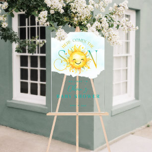 Señal Acrílica El sol limpio aquí viene el Baby Shower del hijo