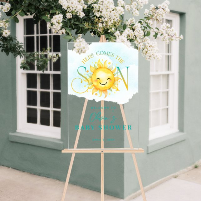 Señal Acrílica El sol limpio aquí viene el Baby Shower del hijo (Cute Sunshine Here Comes the Son Baby Shower Acrylic Sign)