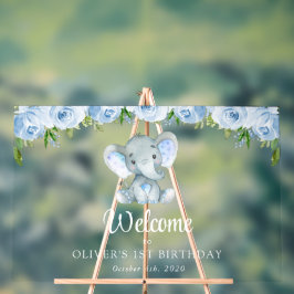 Señal Acrílica Elefante, Flores Azules, Primera Bienvenida de Cum