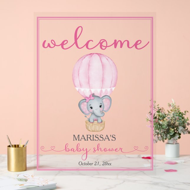 Señal Acrílica Elefante rosa de bienvenida a Baby Shower (Boda)