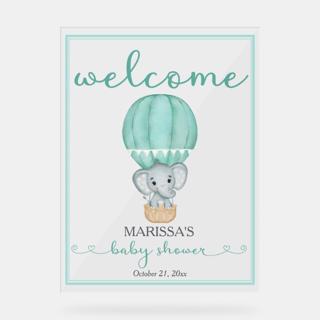 Señal Acrílica Elefante verde de bienvenida de Baby Shower (Anverso)