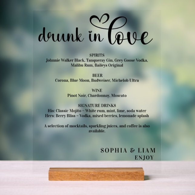 Señal Acrílica Elegant Black and White Drunk in Love Wedding Menu (Neutral )