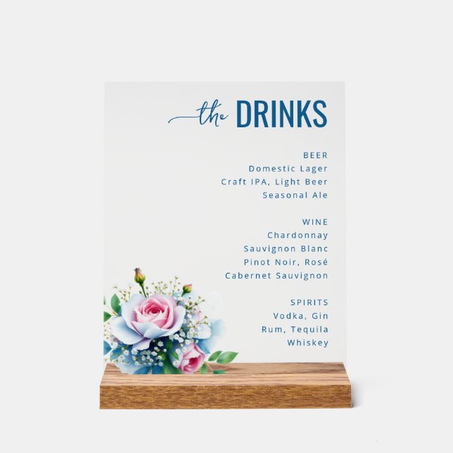 Señal Acrílica Elegant Blue Floral Beverage Menu (Anverso)