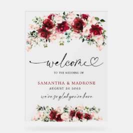 Señal Acrílica Elegant Burgundy Blush Rose Floral Wedding Welcome