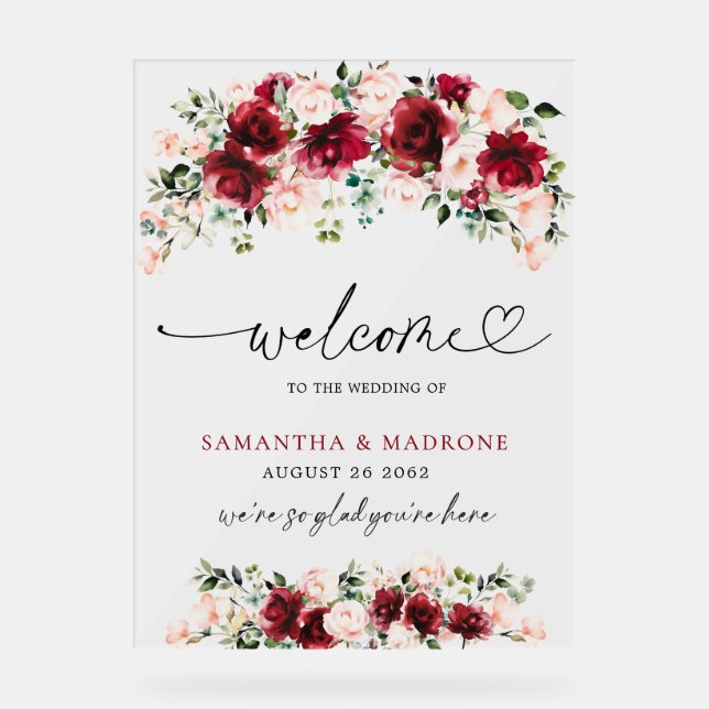 Señal Acrílica Elegant Burgundy Blush Rose Floral Wedding Welcome (Anverso)