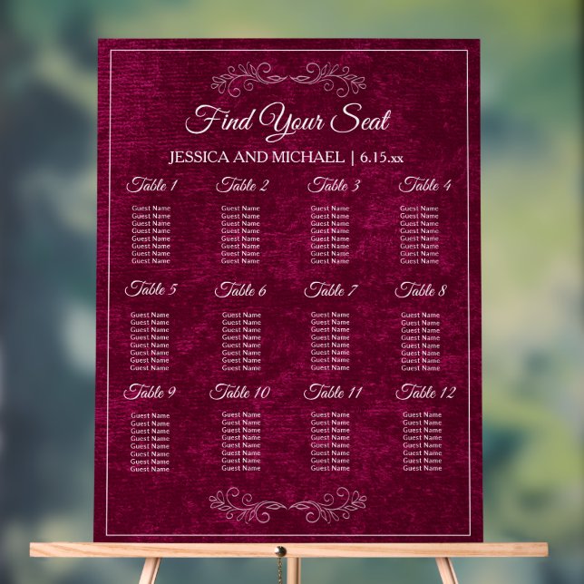 Señal Acrílica Elegant Burgundy Velvet Wedding Seating Chart  (Neutral )