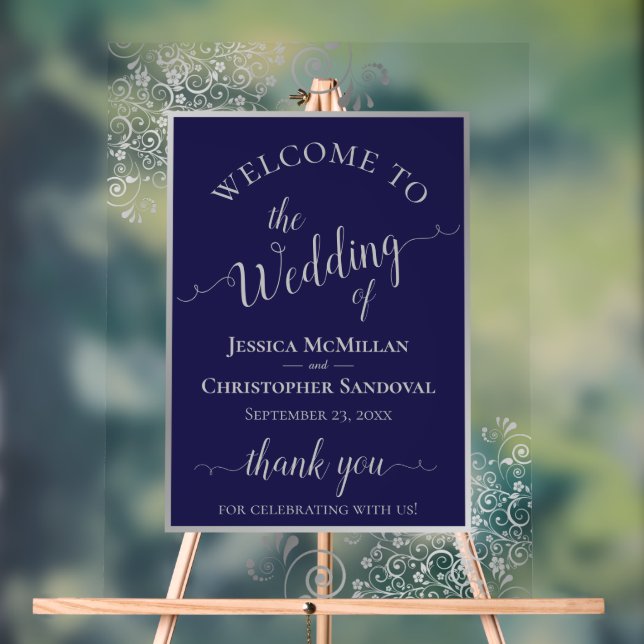 Señal Acrílica Elegant Calligraphy Navy & Silver Wedding Welcome (Neutral )