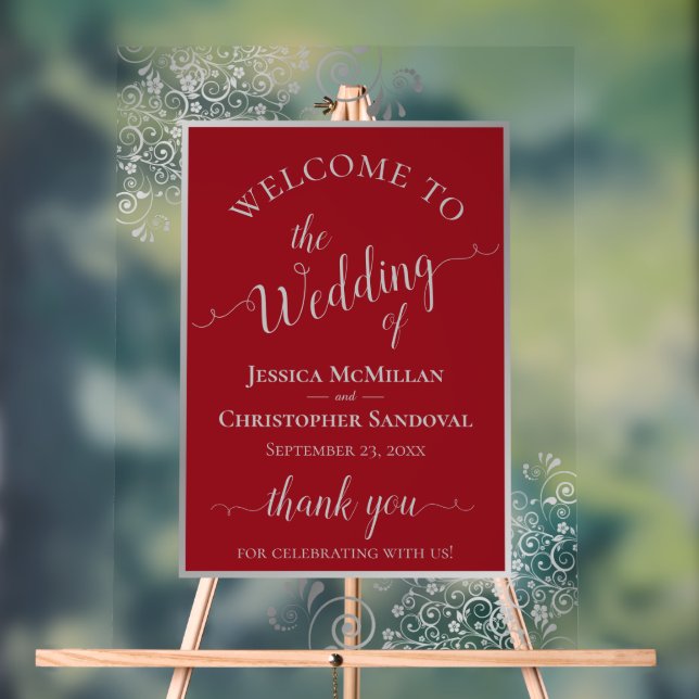 Señal Acrílica Elegant Calligraphy Silver & Red Wedding Welcome (Neutral )